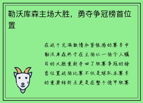 勒沃库森主场大胜，勇夺争冠榜首位置